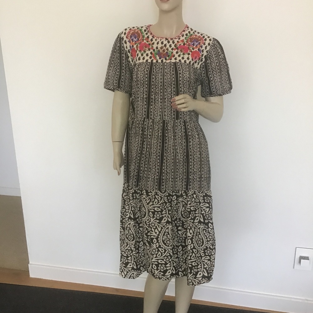 Sister Mary Oaxaca Embroidered Black White Print Tiered Midi Dress Boho Floral S